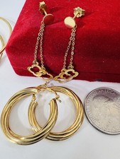Women’s 18K 750 Real Fine Dubai UAE Gold Dangle & Hoop Loop Earrings 2 Set 6.48g
