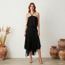 Evening Glam Maxi Dress Black Asymmetric Halter Neck Sleeveless Tie Party US 6