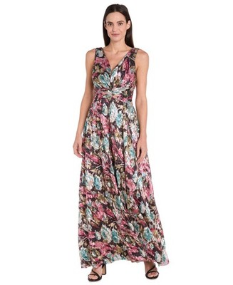 R&M Richards Metallic Gown 10 Purple Floral V-Neck Formal Wedding Guest NWT