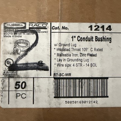 HUBBELL 1214 1'' CONDUIT BUSHING With Ground Lug Insulated Throat (Pack of 50)