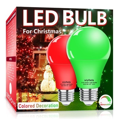 Wiyifada 2 Pack A19 LED Red Green Light Bulbs,9W Christmas 2 Pack, Red+green 