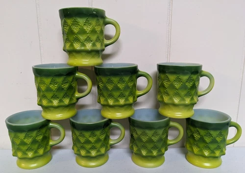 VTG Set of 8 Anchor Hocking Fire King Kimberly Diamond Mugs Green Ombre U.S.A.