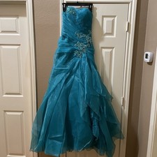 Formal Vint. 2012 prom dress teal green sequins sparkly floor length train