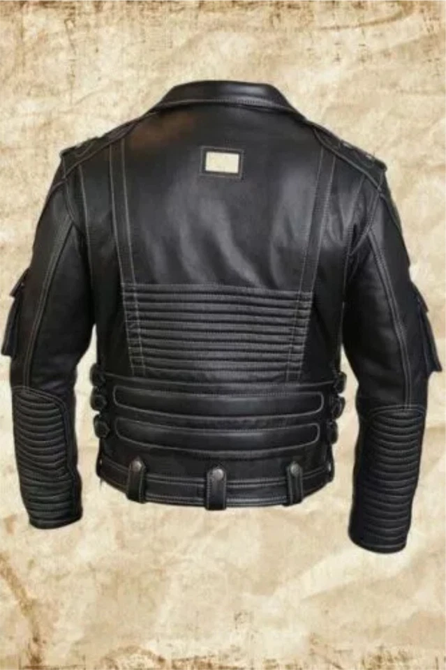 MEN'S GENUINE COWHIDE PREMIUM LEATHER MOTORCYCLE BIKER TOP LEATHER JACKET BLACK - Image 3 of 4