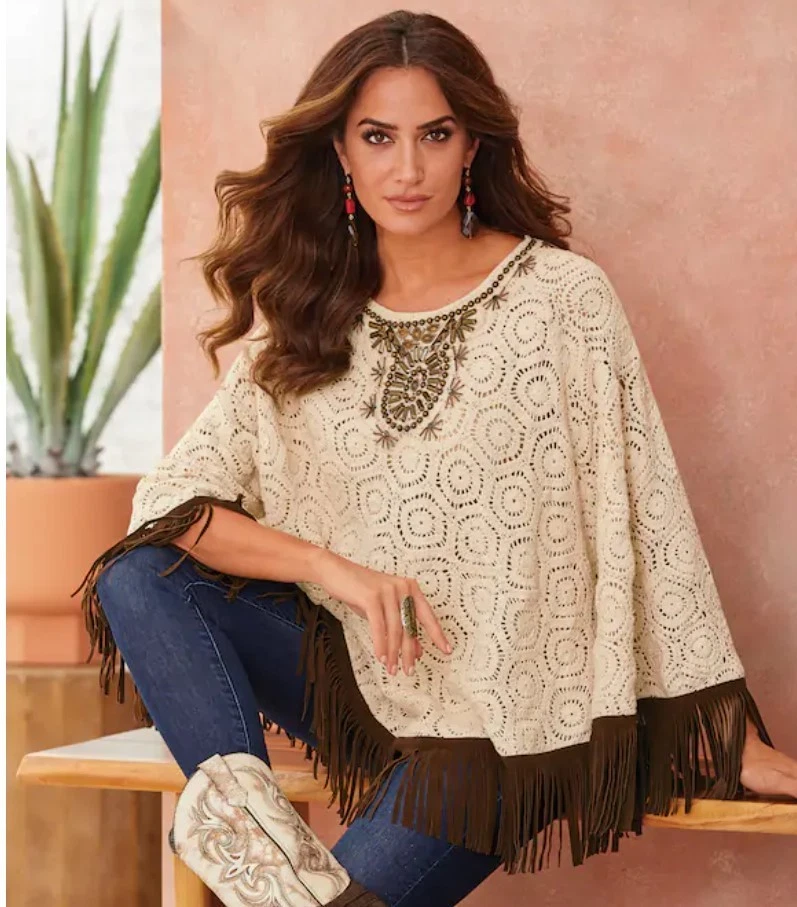 Size L / XL Midnight Velvet Beige Embellished Siona Lace Poncho