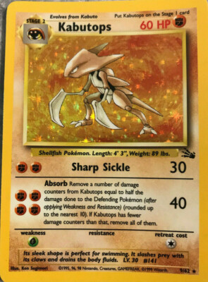 Kabutops Pokemon Card 1999 Holographic 60 HP 9/62 1st Edition
