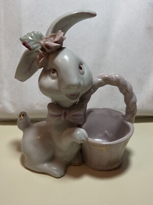 Vintage Antique 40s Easter Bunny Rabbit W Basket Flowers Eyelashes Gold Italy