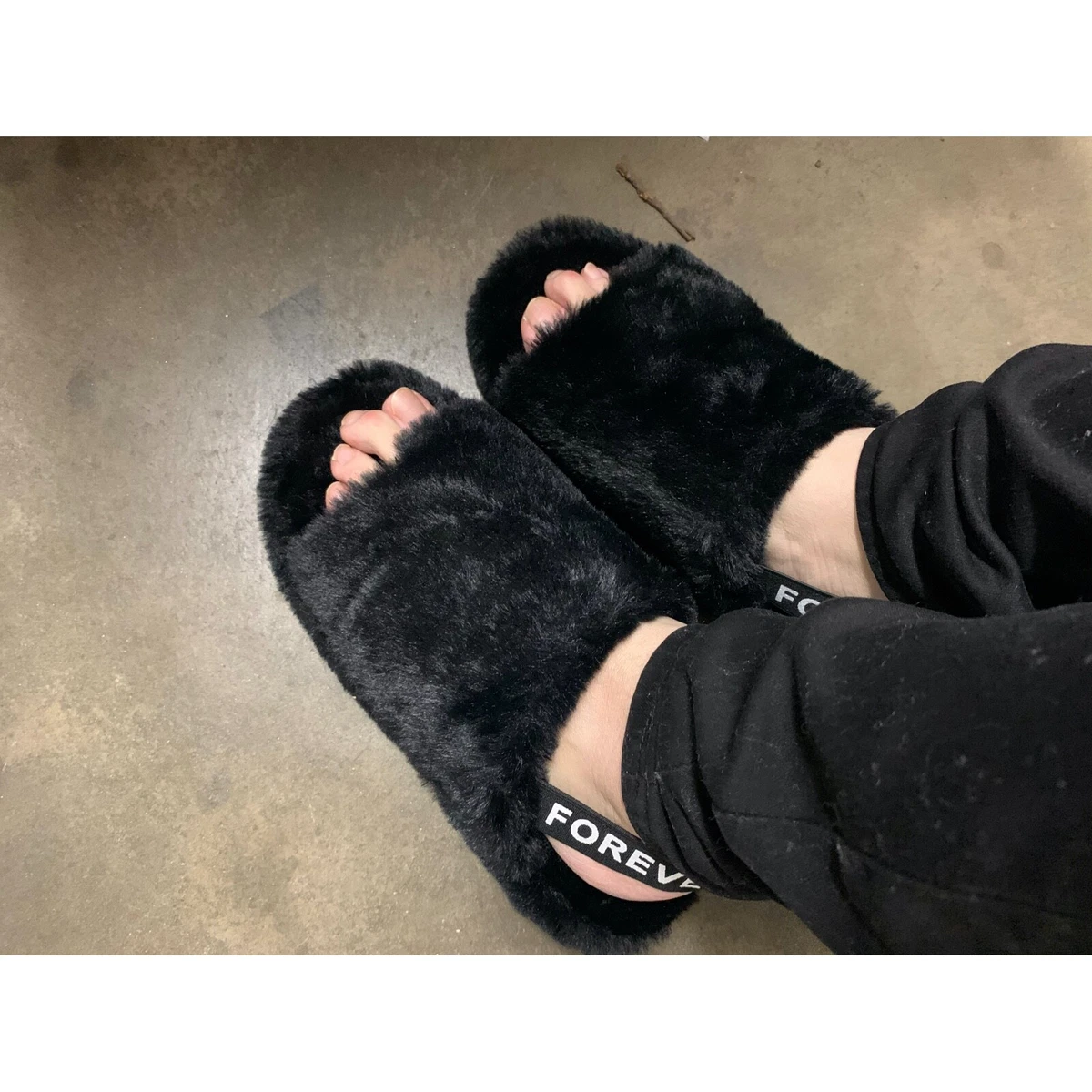 Black Fuzzy Faux Fur Slides Sandals with Strap eBay
