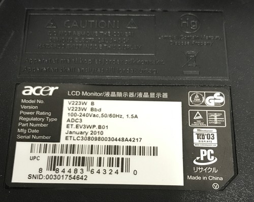 *TESTED* ACER 22" LCD MONITOR MODEL V223W B, NO STAND, NO CHORDS - Picture 7 of 7