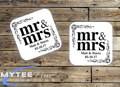 Paar 2er Set personalisierte Mr & Mrs Hochzeitstag Getränk Untersetzer Geschenkset Geschenk.