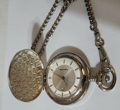 Engravable Silvertone Milan Quartz Pocket Watch and chain with Japan  Movement