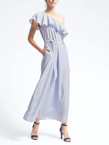 Banana Republic Maxi Dress Women's SIZE S Pin Stripe One-Shoulder White/Blue