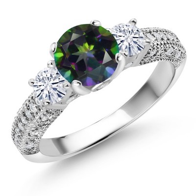 925 Sterling Silver Green Mystic Topaz and White Moissanite Engagement Ring For