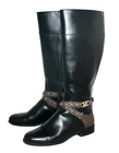 MICHAEL KORS Kincaid Riding Boot Size 11 Black Faux Leather Brown MK Strap Studs