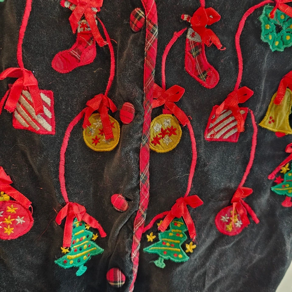 Vintage Christmas Velvet Vest Women Small Red Plaid Ornaments Preppy Granny Bows - Image 3 of 4