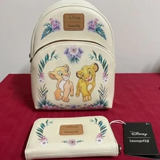 LOUNGEFLY DISNEY THE LION KING SIMBA & NALA FLORAL MINI BACKPACK & WALLET NWT!!!