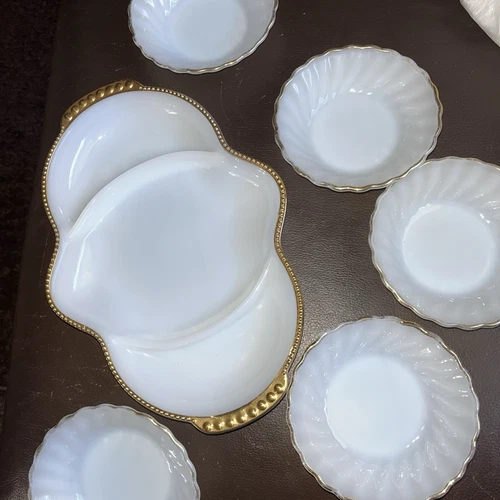 Vintage Anchor Hocking Fire King Oven Ware Milk Glass Three Compartment Dish