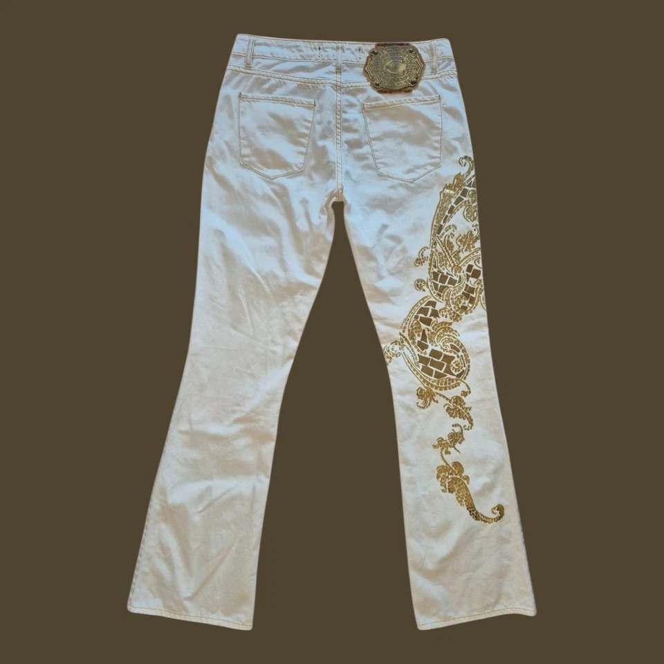 Джинсы Roberto Cavalli Just Cavalli Y2k с графическим украшением с заниженной талией белое золото - Изображение 3 из 4