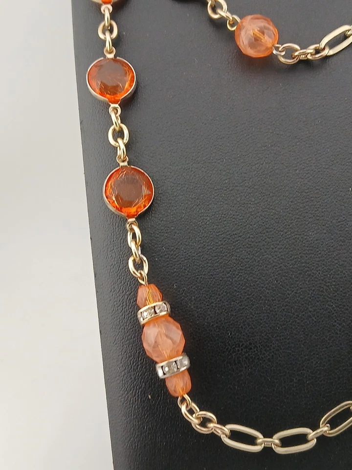 ANNE TAYLOR goldtone peachy/orange beads & bezel set stones stations necklace  - Image 3 of 4