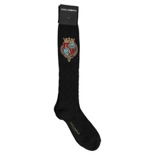 DOLCE & GABBANA Socks Men Black Wool Crest Logo Knee High Accessory s. L 370usd