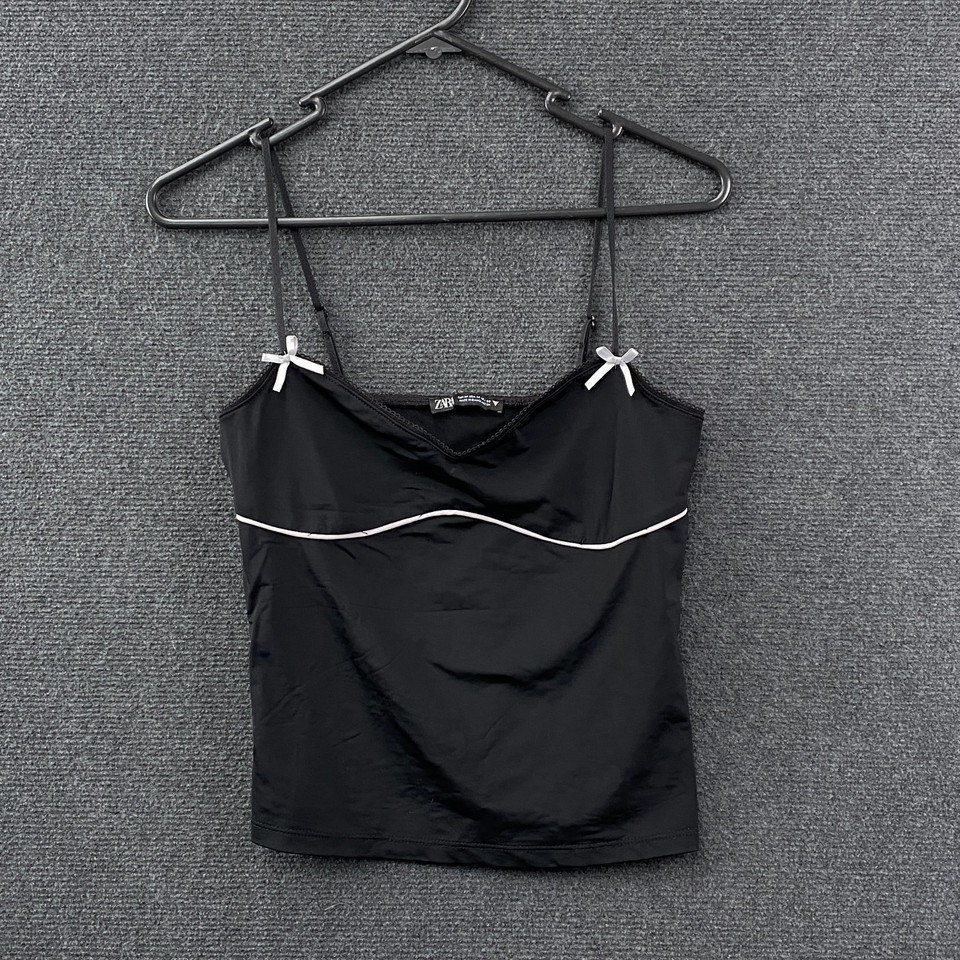 Zara Womens Camisole Tank Top Black Bow Details Stretch Adjustable Straps Size M