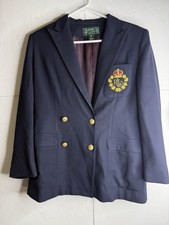 Ralph Lauren Double Breasted Crown Crest Logo Blazer Navy Wool Gold Button 10p