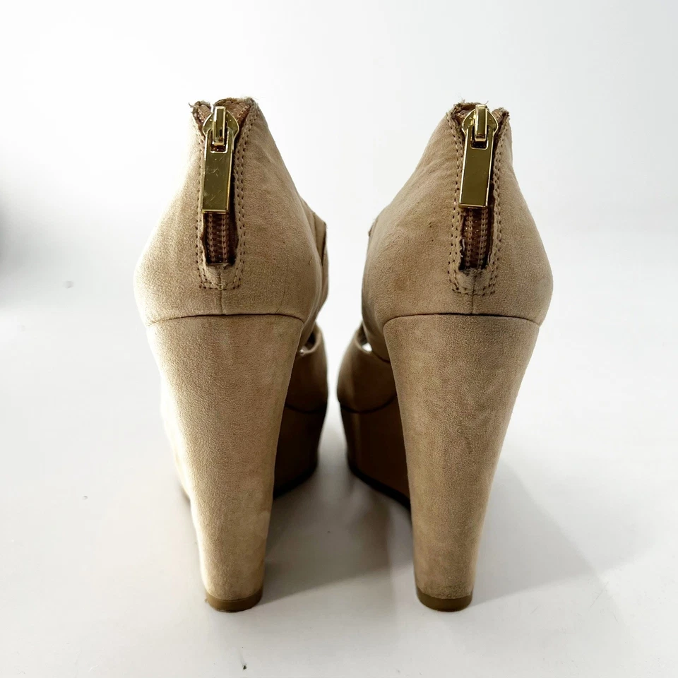 Jessica Simpson Cuñas Tacones Plataformas Peep Toe Criss Cross Bronceado Zapatos Talla 7B Foto 2 de 4