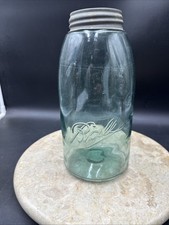Vintage Blue Glass 2 Quart Ball Mason Jar Extended A Triple L Bubbles Sloped