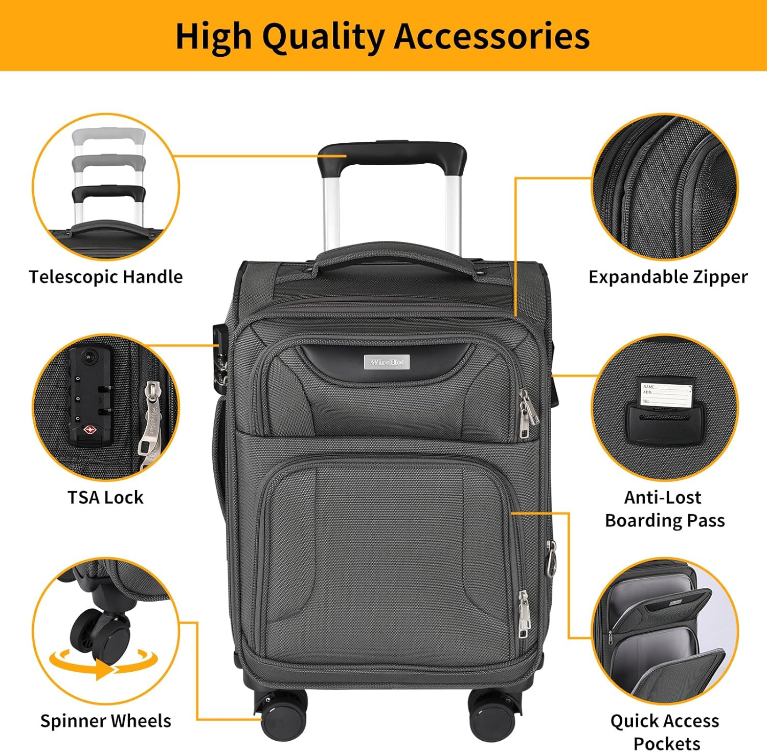 Expandable 3-Piece Grey & Blue Softside Luggage Set with Pockets