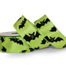10 Yard Spool Halloween Fuzzy Flocked Black Bats Green Wired Ribbon 1 1/2"W