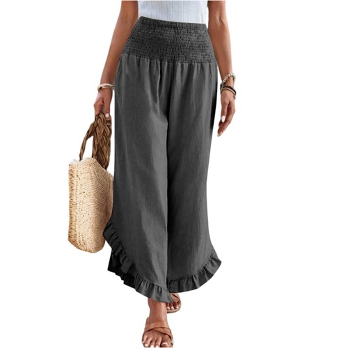 Women's Cotton Linen Palazzo Pants Summer Beach Pants Wide Leg Baggy Trousers - Picture 38 of 61