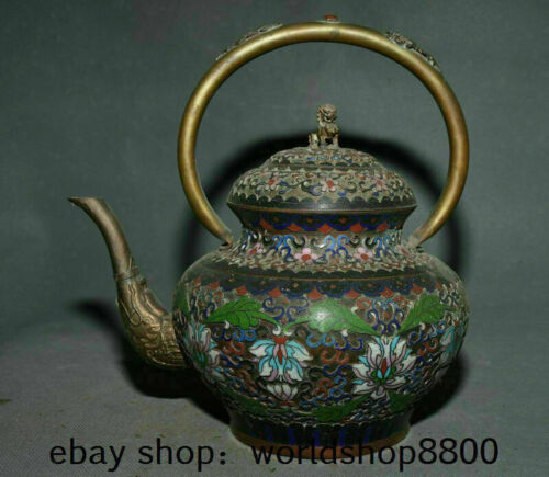 9.6" Antique Old China Cloisonne Enamel Copper Dynasty Lion Dog Portable Teapot - Photo 1/10