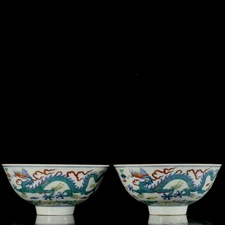 A Pair Chinese Doucai Porcelain HandPainted Exquisite Dragon Pattern Bowls 25059
