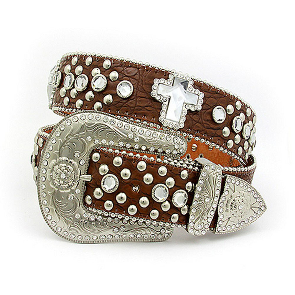 BELT - RHINESTONE SPLIT LEATHER BELT - CROC EMBOSSED W  display picture 1