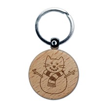 Snowman Cat Christmas Engraved Wood Round Keychain Tag Charm