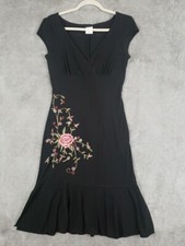 B Darlin Embroider Flowers Black Dress Womens 7/8 V-Neck Cap Sleeve USA VTG Y2K