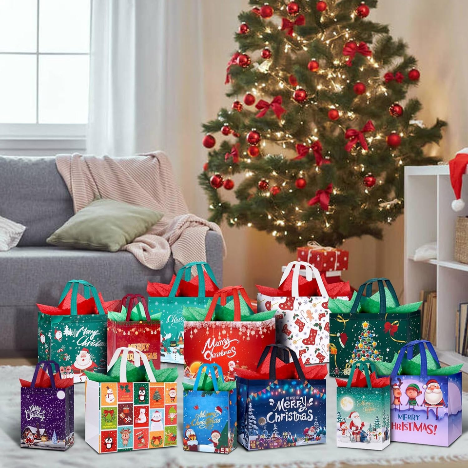 12 Pack Christmas Gift Bags with Tissue Paper Reusable Tote Bags with
