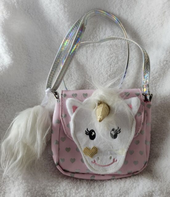 Girls Unicorn Purse Pink Silver Hearts Adjustable Strap 5x7&#034