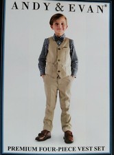 Andy  Evan Boys 4-Pc Vest, Dress Shirt, Pant  Bow-Tie Navy Tan S 5 NWT Wedding