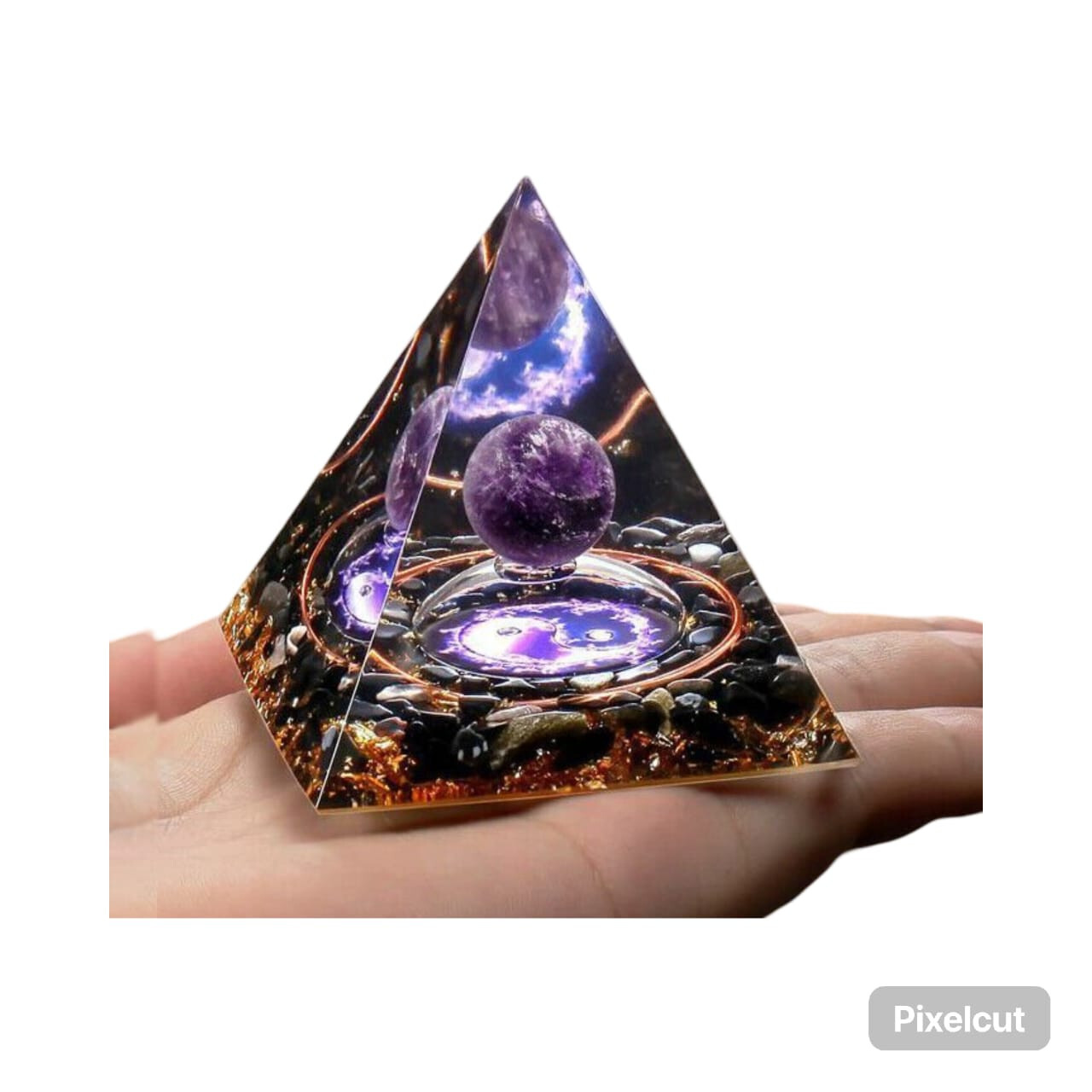 Orgonite pyramid with amethyst and peridot for energy healing and EMF shielding