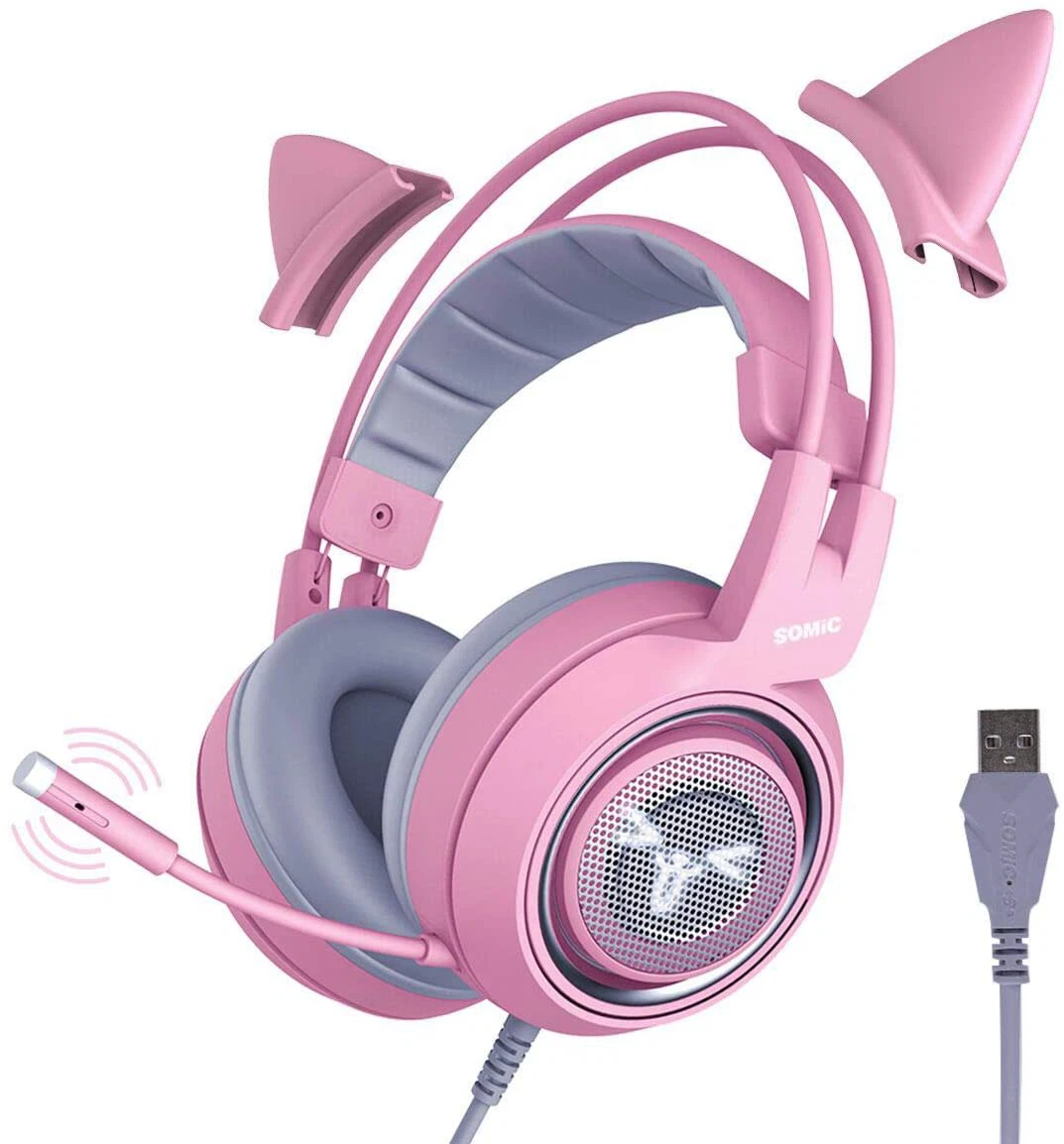 Pink Gaming Headset LED Microphone Pro Gamer Girl Headphones Mic for PC  Laptop