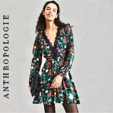 NWT $160 Anthropologie Vibrant Floral Lacy V neck Cocktail party Mini DRESS 12