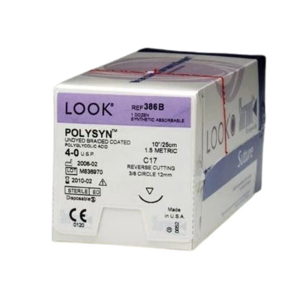 SURGICAL SPECIALTIES Look 4/0, 10" PolySyn/PGA Undyed Braided Sutures with C-17 reverse-cutting 12mm