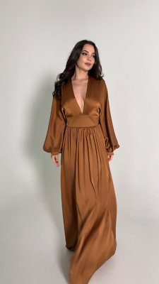 Mahogany satin silk maxi dress for women V-neck long sleeve party wedding  guest | eBay