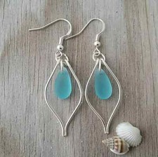 Made in Hawaii, Wire loop Turquoise Bay blue sea glass earrings,  Beach
