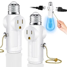 2 Pack Light Socket To Plug Adapter Pull Chain E26 Bulb Splitter Double 3 Prong