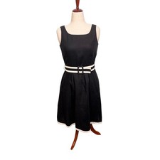 Talbots linen sleeveless fit & flare dress black white trim belted pockets Sz 4