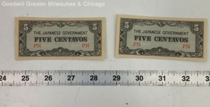 The Japanese Government Beige Black Green WWII 5 Centavos Note Paper Money