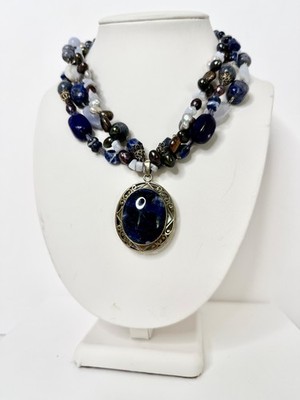 Ross-Simons 925 Multi-Strand Blue Gemstone & Pearl Necklace 40mm Pendant w/ Box