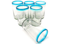 Dos Sueños Hand Blown Mexican Drinking Glasses – Set of 6 Glasses with Aqua Rims